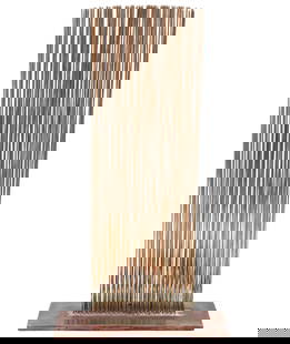 Val Bertoia Sculpture 'Rays of Sound': Val Bertoia, American (Born 1949). Original Val Bertoia sculpture #B-2977 from Bertoia Soundation titled 'Rays of Sounds' comprised of 94 silicon-bronze rods silvered to a copper plate base in 4 rows.