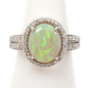 Lady's 14K WG Opal & Diamond Ring