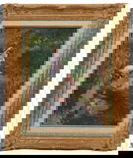 Georges Binet 'Au Bord du Bassin' Painting: Georges Binet, France (1865-1949). Oil on board titled on verso 'Au Bord du Bassin' with original stamp from a Boston Gallery. Mounted in carved gilt wood frame with open work, signed lower right. Mea