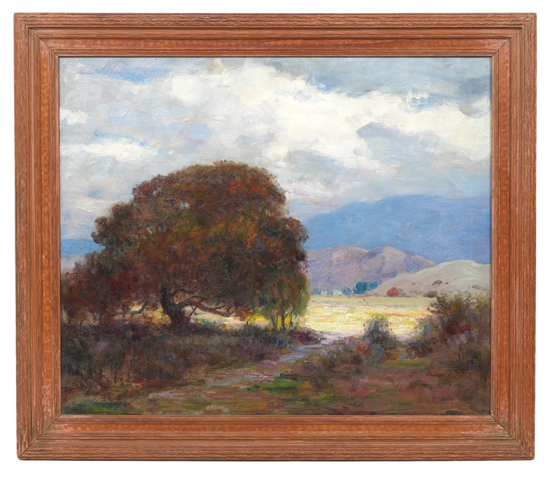 Nicholas Brewer 'Texas Hill Country' Painting: Nicholas Richard Brewer, American (1857-1949). 'Texas Hill Country' oil on canvas painting is signed bottom right. Measures 25" H x 30" W, framed 30.5" x 35.5". Condition: Old canvas repair, wear to f