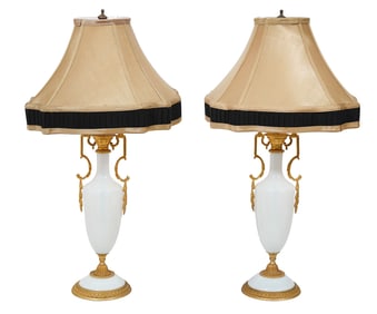 Pr. French White Opaline & Gilt Bronze Table Lamps