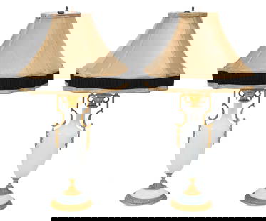 Pr. French White Opaline & Gilt Bronze Table Lamps: Pair of French white opaline table lamps with gilt bronze accents and 2 sockets with pull chains. Sides have gilt bronze 'Handle' fixtures. The shades are bronze colored fabric with black trim and mea