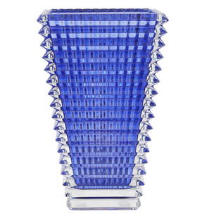 Baccarat Blue Crystal 'Eye' Vase: Baccarat blue 'Eye' crystal rectangular vase has exterior horizontal cuts and interior vertical cuts for visual effect. Marked 'Baccarat' on bottom. Measures 11.75"H; 7"L x 5 1/8"W top; 4.5"L x 3.25"W