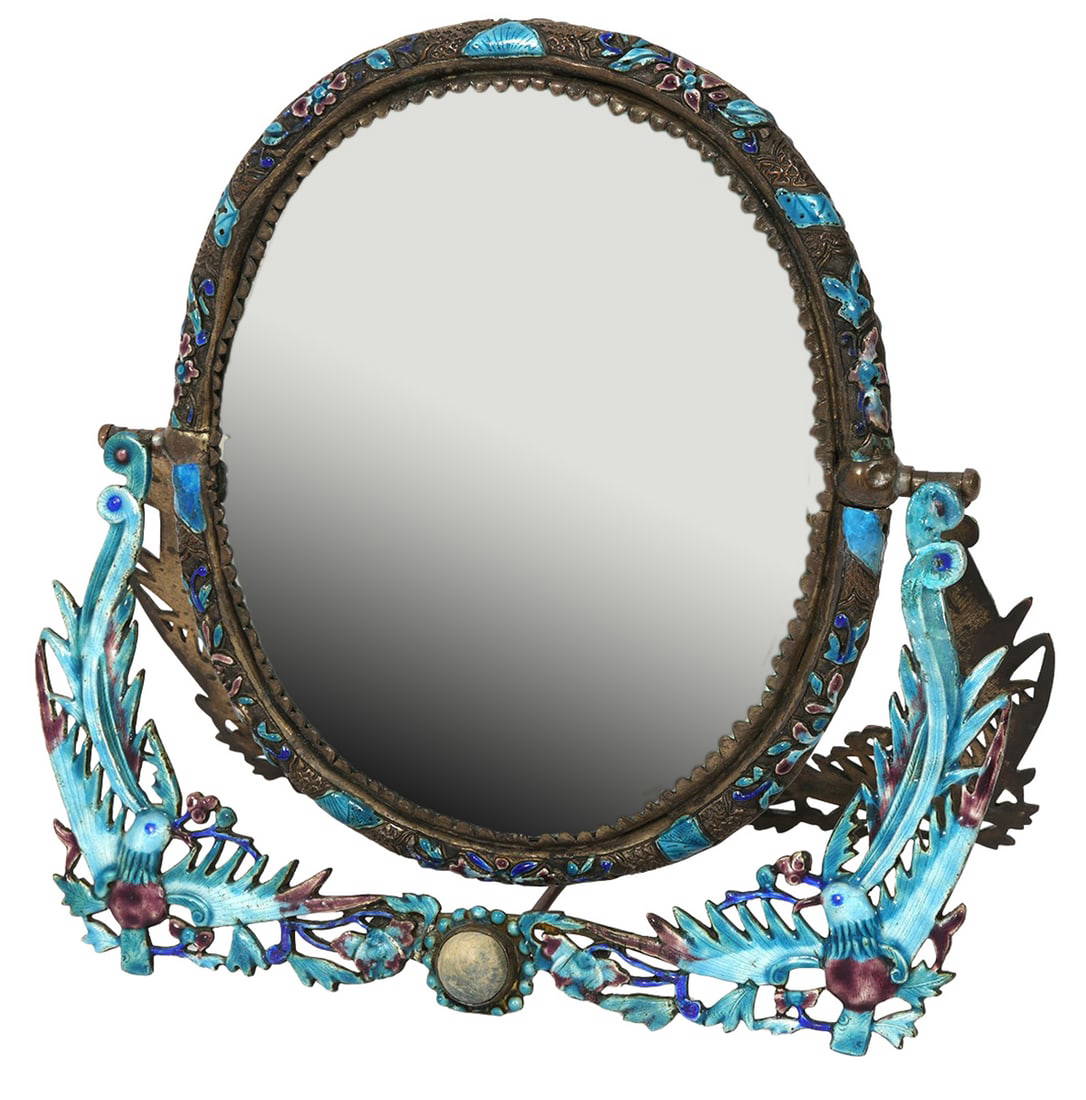 Chinese Enameled Travel & Vanity Mirror