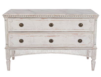 19th C. Swedish Gustavian Style 2 Drawer Chest: 19th C. Swedish Gustavian Style 2 Drawer Chest in antique white has brass hardware and is raised on 4 legs. Measures 50"L x 31.25"H x 23"D. Condition: repair to one leg, please see all photos. Contact