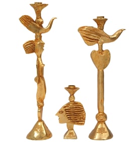 Pierre Casenove 3 Signed Gilt Bronze Candlesticks