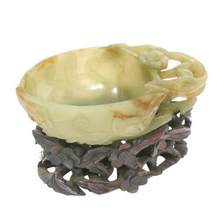 Chinese Carved Jade Brush Washer on Stand: Carved Chinese jade brush washer on fitted wood stand. Just the jade measures 4.5" W x 2.75" D x 1.5"H. Condition report: jade and stand have minor wear, see photos. Examine all photos closely. Contac