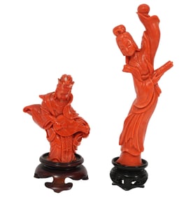 Two Carved Chinese Coral Figures