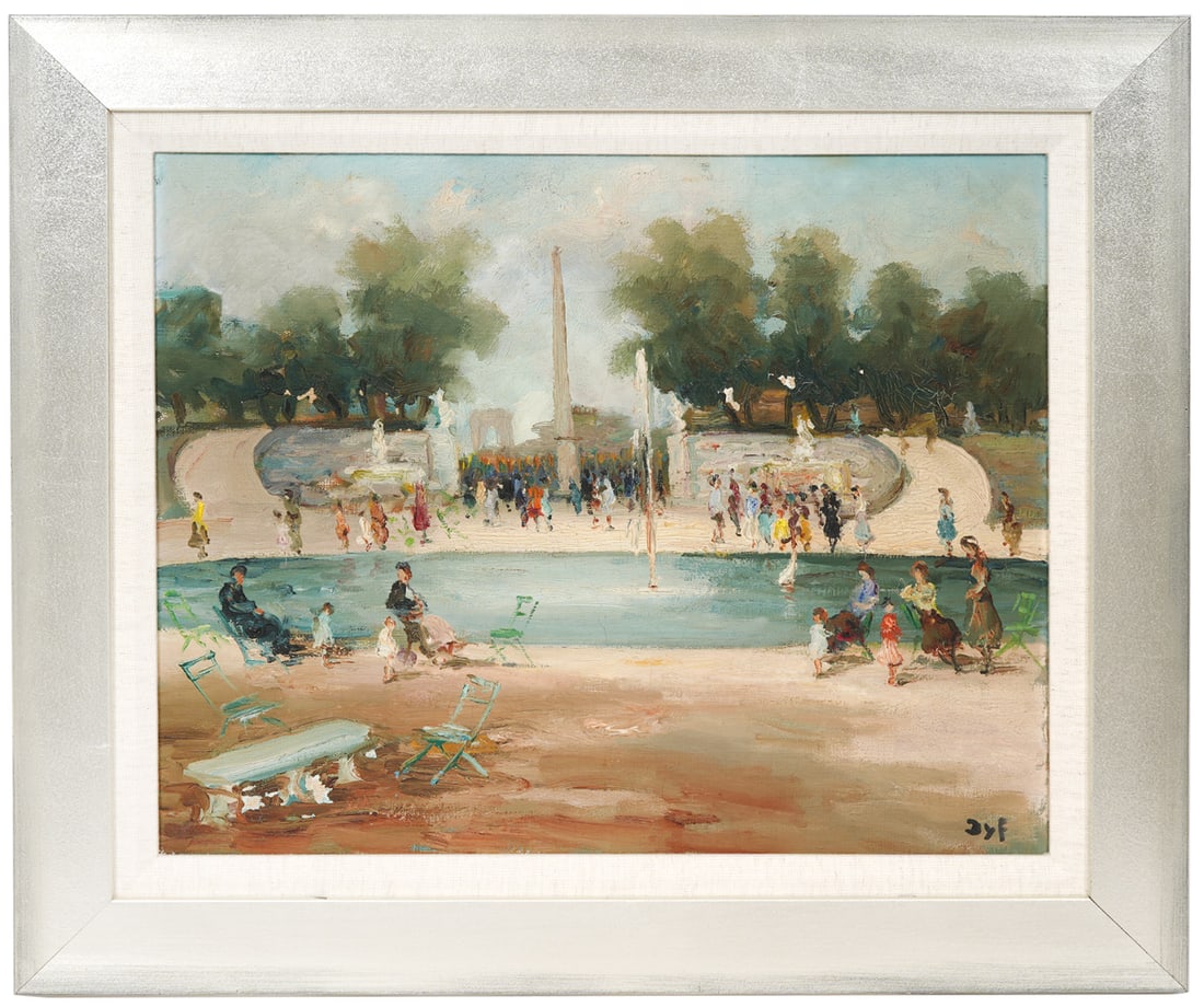 Marcel Dyf 'Tuileries' Garden' Painting: Marcel Dyf, France (1899-1985) 'Tuileries' Garden' impressionist oil on canvas with views of Place de la Concorde to include Luxor Obelisk and Arc de Triomphe. This is mounted in silver painted wood f