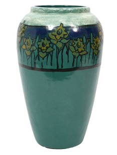 Saturday Evening Girls Glazed Earthenware Vase: Saturday Evening Girls Glazed Earthenware Vase with daffodils around the top rim, USA, c. 1925. Though unsigned, this vase may have been decorated by Edith Brown (active early 20th century) or Lili Sh