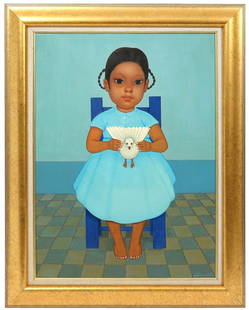 Gustavo Montoya 'Nina Sentada Paloma' Painting: Gustavo Montoya, Mexico (1905-2003). Oil on canvas painting titled 'Nina Sentada Con Paloma' signed lower right and mounted in a gilt painted wood frame. Painted 1982. Includes Authenticity Certificat