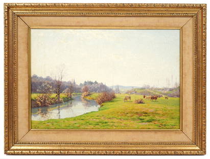 Jean Monchablon Signed Landscape Painting: Jean Ferdinand Monchablon, France (1854-1904). Oil on canvas painting of an expansive landscape with grazing cattle by the river side, signed lower right and 'DE 89' lower left. Mounted in gilt carved