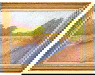 Jean Vollet 'On the Seine' Painting: Jean Vollet, France (1935-2015). Impressionist landscape oil on canvas pointillism painting 'On the Seine' is signed lower right and mounted in a carved gilt wood frame with a brass name plate bottom