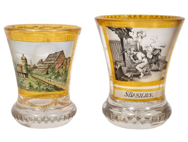 2 Bohemian Enameled Glass Beakers Attr. Kothgasser