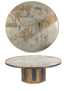 Philip and Kelvin Laverne Chan Coffee Table: Chan Coffee Table is among the most recognized motifs in the artistry of Philip and Kelvin LaVerne. The Chan motif which tells the story of Chinese peasants bringing a sacred gift to the Emperor's chi