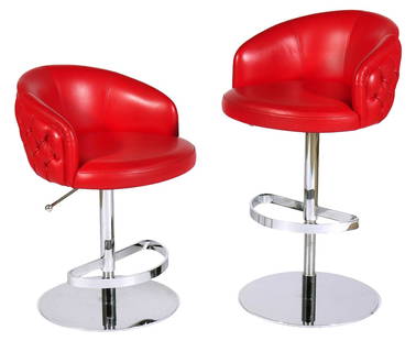 Pr. Fendi Red Tufted Leather Bibendum Barstools: Pair of Fendi Red Tufted Leather Bibendum Barstools with silver tone metal bases. Seats are imprinted 'FENDI' on underside and measure 10.5"H back x 21" arm to arm x 18.5"D. Stools are 42.5"H. Conditi