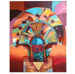 Tony Abeyta Native American Mixed Media Painting: Tony Abeyta, American (Born 1965). Known for American southwest mixed media and oil paintings with Native American features. This mixed media on canvas of a Kachina doll is rich in colors and signed t
