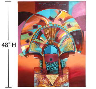 Tony Abeyta Native American Mixed Media Painting: Tony Abeyta, American (Born 1965). Known for American southwest mixed media and oil paintings with Native American features. This mixed media on canvas of a Kachina doll is rich in colors and signed t