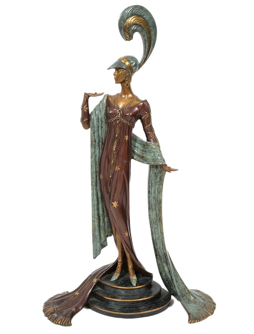 Erte 'Directoire' Bronze Sculpture: Romain de Tirtoff, Russian/French (1892-1990). 1984 sculpture 'Directoire' is a patinated cold painted bronze figure with foundry mark 'Fine Art Acquisitions' and numbered 103/350 on rim of base. Meas