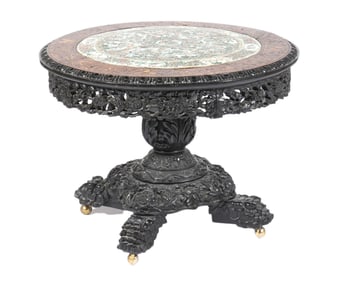 Chinese Hardwood Carved Porcelain Top Table