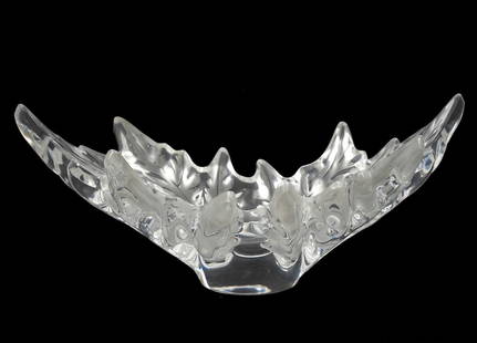 Lalique Crystal 'Champs-Elysees' Bowl: Lalique Crystal 'Champs-Elysees' Bowl was originally designed by Marc Lalique in 1951. This bowl is clear and frosted crystal and is etched on base 'Lalique France'. Measures 18"L x 9.75"W x 7.5"H. Co