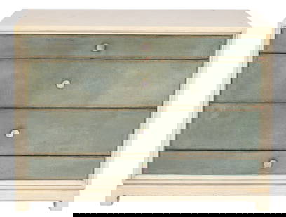 4 Drawer Chest by Tommi Parzinger/Charak Modern: Tommi Parzinger 4 drawer chest for Charak Modern has tooled pale green leather drawer fronts with gilt trim and round drawer pulls. Measures 34"H x 44"L x 18.5"D. Condition: good with minor expected a