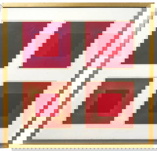 Richard Anuszkiewicz 'Metamorphosis of Cadmium': Richard Anuszkiewicz, American (1930-2020). 'Metamorphosis of Cadmium' consists of four prints in vibrant colors with Cadmium Red backgrounds, matted and mounted in a gilt wood frame, unsigned. Each o