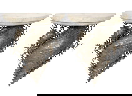 Pr. Maitland-Smith Conch Shell Wall Brackets: Pair of Maitland-Smith Conch Shell Seascape Wall Brackets are cast metal with silvered finishes mounted on semi circular beveled marble shelves. Each measures 16"H x 12.5"W x 6"D. Condition: good cond