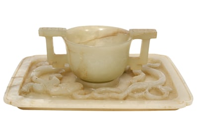 Chinese Hand Carved Celadon Jade Cup and Cup Tray