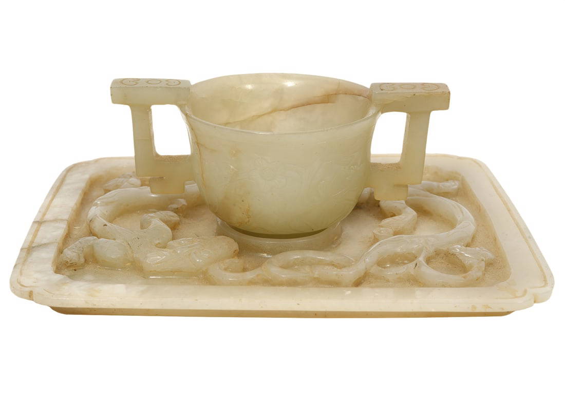 Chinese Hand Carved Celadon Jade Cup and Cup Tray