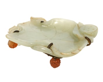 Hand Carved Celadon Jade Tray With Brass Stand