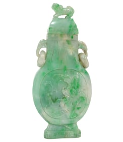 Chinese Baluster Green & White Jade Lidded Vase