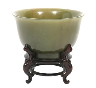 Chinese Jade Bowl on Carved Wood Stand Signed