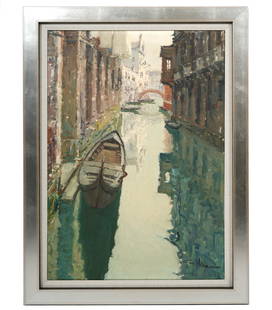 Giuseppe Marino Venetian Canal Scene Painting: Giuseppe Marino, Italian (1916-1975). Oil on canvas painting of a Venetian Canal Scene, signed lower right and mounted in a silver painted wood frame. Measures 31.5"H x 23.25"W framed; 26.5"H x 18.5"W