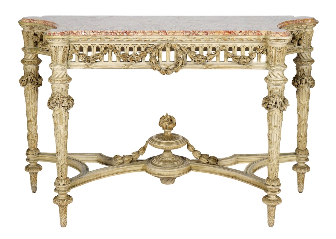 Louis XVI Style 19th Console: Louis XVI style 19th C. console table has a rosso antico shaped marble top above a pierced frieze with laurel leaf garland throughout and centered with a laurel leaf crown. It is raised on turned tape