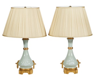 Pr French Celadon & Gilt Bronze Table Lamps
