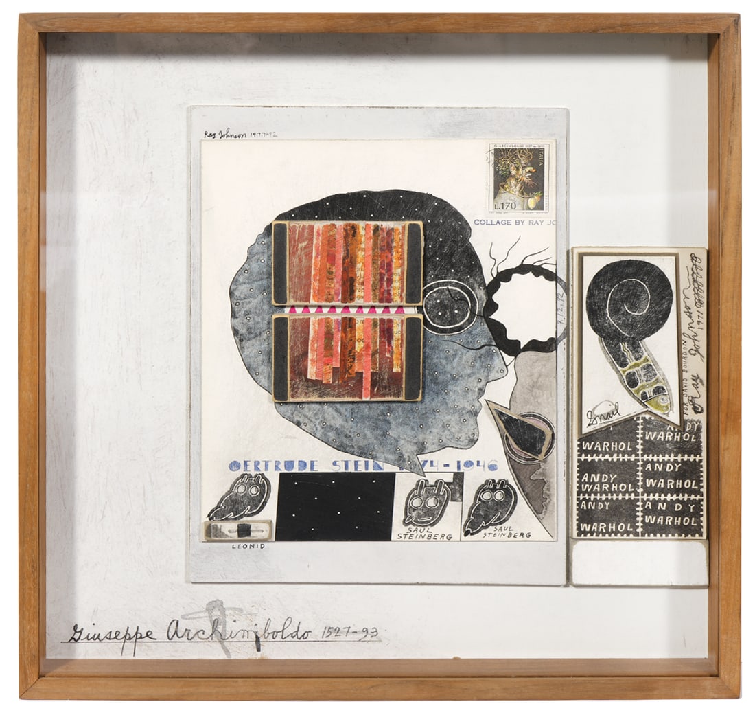 Ray Johnson Untitled Mixed Media Collage: Ray Johnson, American (1927-1995). Untitled mixed media collage signed top left 'Ray Johnson 1977-92', with references to Andy Warhol, Guiseppe Archimboldo, Gloria Stein. Mounted in a shadow box wood