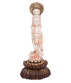 Hand Carved Coral and 14K Gold Guanyin Pin