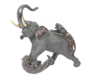 Bronze Sculptured Elephant & Tigers by Tsunemitsu