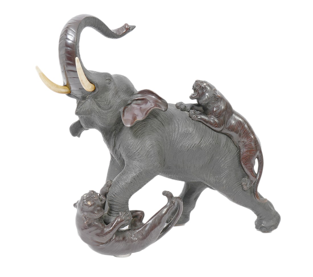 Bronze Sculptured Elephant & Tigers by Tsunemitsu (1 of 11)