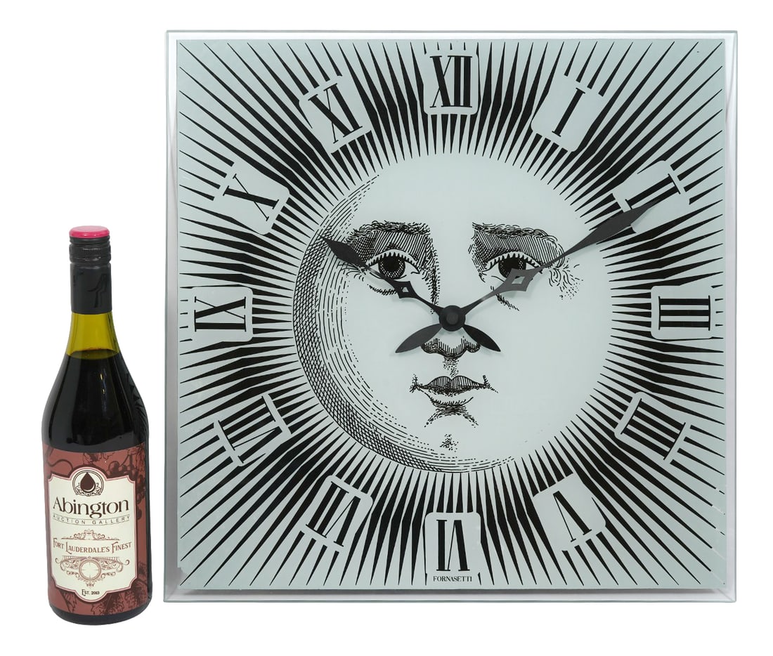 Piero Fornasetti Glass Wall Clock: Piero Fornasetti, Italy (1913-1988). Black and white square face glass clock with Roman Numerals, signed bottom center under VI. The clock is battery operated, requires one AA battery in back. Measure