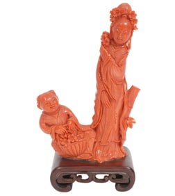 Hand Carved Coral Figures on Wood Base
