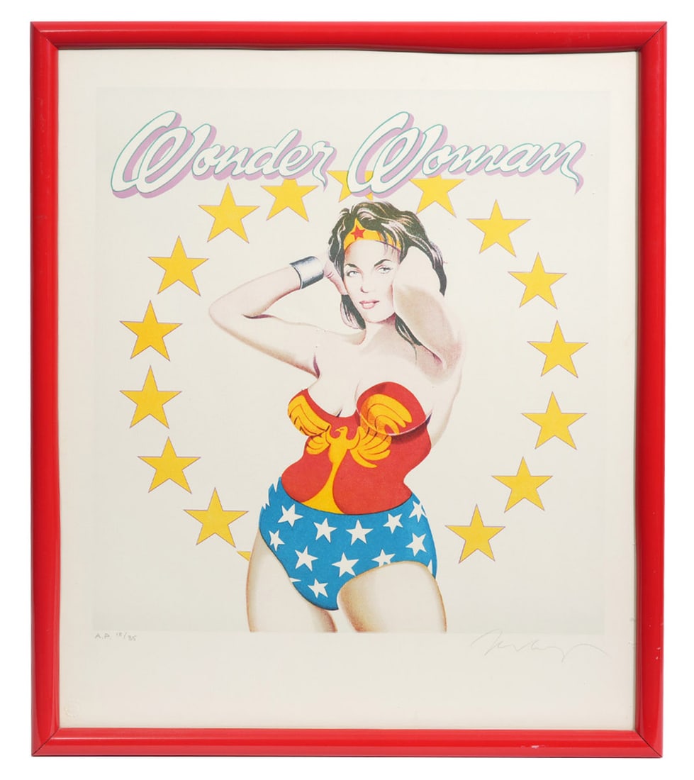 Mel Ramos 'Wonder Woman' Lithograph: Mel Ramos, American (1935-2018). 'Wonder Woman' color lithograph by Ramos is mounted in a red frame, signed lower right, stamped bottom left corner and numbered lower left AP 18/35. Measures 25.75"H x