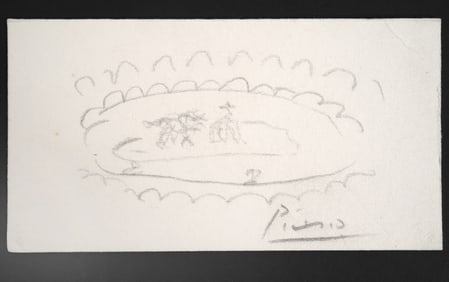 Pablo Picasso Drawing 'Bull Ring' on Card