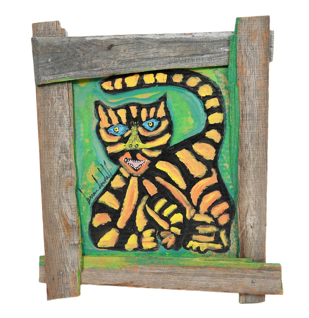 Brian Dowdall 'Tiger' Outsider Art Painting: Brian Dowdall, American (1948-2018). Acrylic painting of an orange and black tiger on green background is signed lower left and mounted in a plank wood frame. Measures approximately 19 1/8"H x 16"W fr