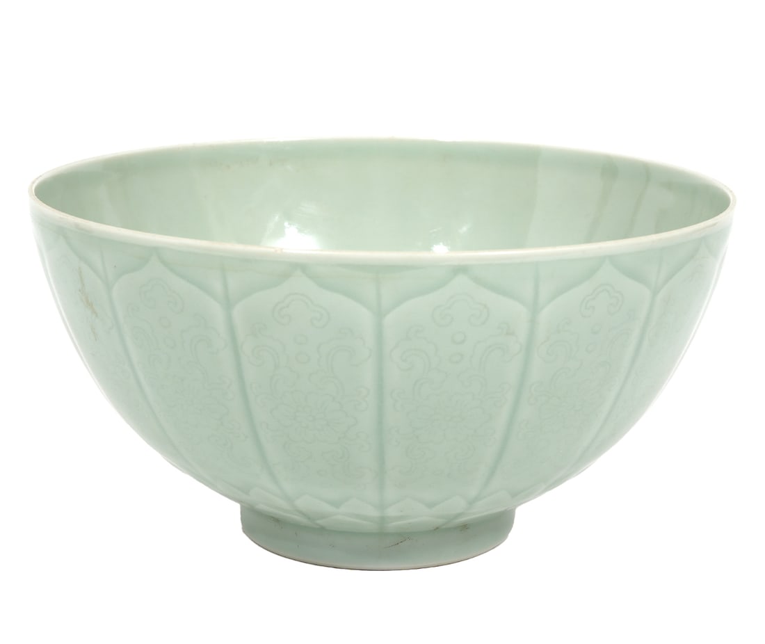 Antique Chinese Glazed Celadon Dahlia Bowl: Antique Chinese glazed celadon Dahlia bowl with molded petal designs around the exterior and in the center of the interior. Chinese character reign marks in blue on underside. Measures 3.75"H x 7.25"W