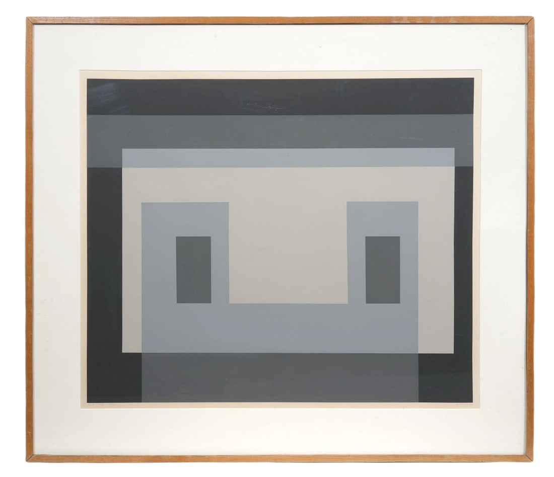 Josef Albers Nested Squares Lithograph: Josef Albers, German/American (1888-1976). Albers is known for illustrating color interaction through nested squares. This print on paper is signed and dated '69 lower right and lower left 'IS VA5