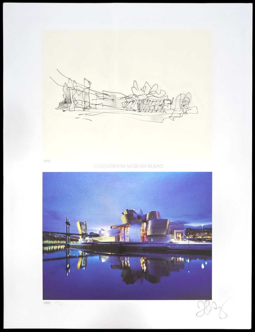 Frank Gehry 'Guggenheim Museum' Screenprint: Frank Gehry, American/Canadian (1929-2025). 'Guggenheim Museum, Bilbao, Spain' 1998. Seven-color screenprint and sketch on Somerset Velvet. This work is part of the 'American Academy of Arts and Lette