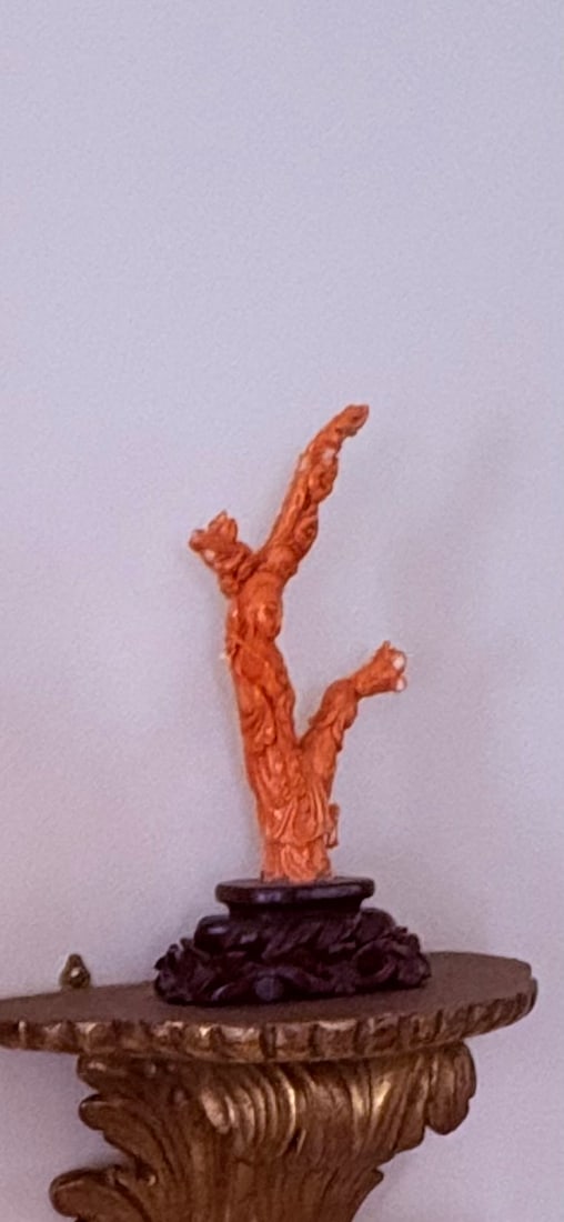Chinese Carved Red Coral Sculpture: Carved Chinese red coral sculpture. Coral is glued into base. Total weight is 230 grams. Coral is 7" H x 4" W, overall height with base is 8 3/8" H. Condition report: good with minor wear. Contact AAG