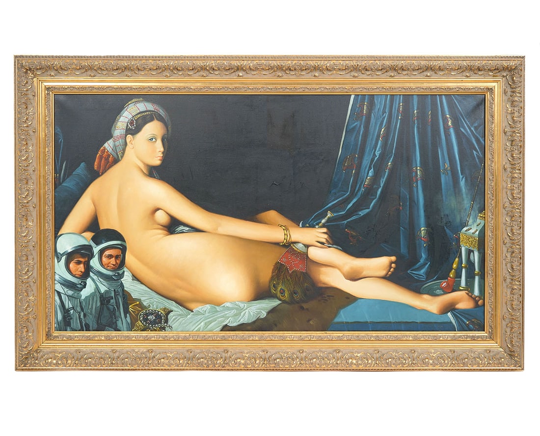 Gudmundur Erro 'La Grande Odalisque' 1975 Painting: Gudmundur Erro, Iceland (1932-2000). This painting is part of his 'Serie Spatiale 1974-77' (Space Series). Post modern artist known for pop art collages, this oil on canvas painting is mounted in a ca